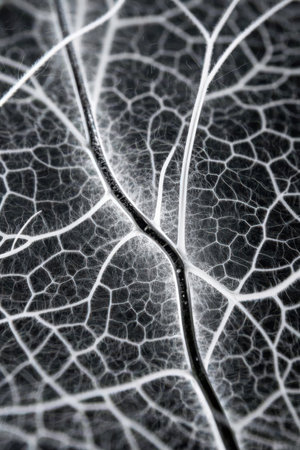 Macro of a leaf with veins, black and white background.の素材