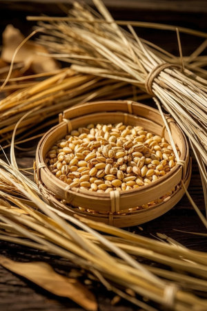 Wheat grains in a bowl on a wooden background. Selective focus.の素材