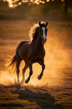 Horse run gallop in sunset light. Beautiful stallion in motionの素材