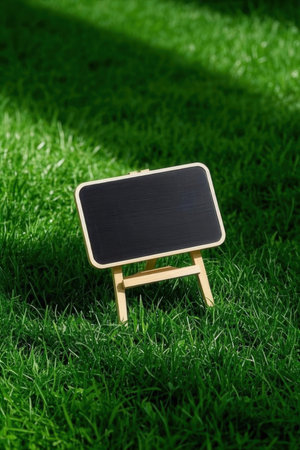 blank blackboard on green grass with copy space for your text messageの素材
