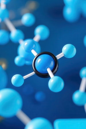 Molecular structure on a blue background. 3d illustration.の素材