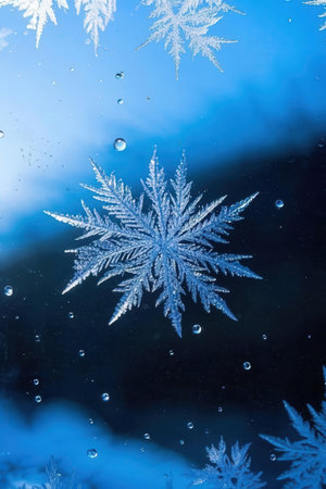 snowflakes on a frozen window in the winter, macroの素材