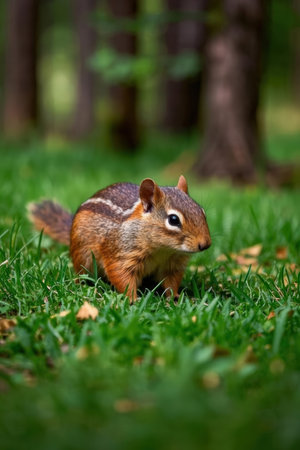 Chipmunk on green grass in the park. Shallow depth of field.の素材