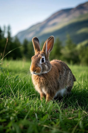 Rabbit on the meadow with mountains in the background. Selective focus.の素材