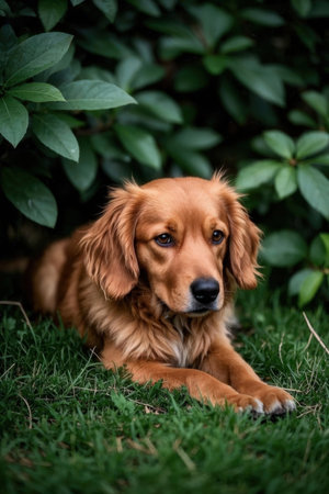 Cute Retriever dog lying on the grass in the gardenの素材