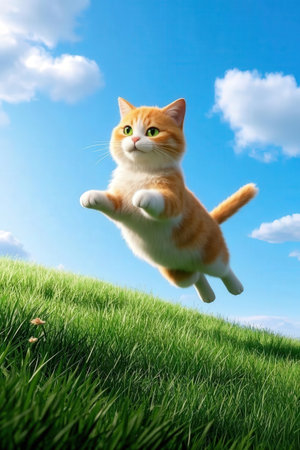 Cute ginger cat jumping on green meadow with blue sky backgroundの素材