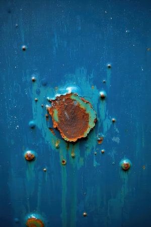 rusty metal plate with blue paint and rust on the blue backgroundの素材