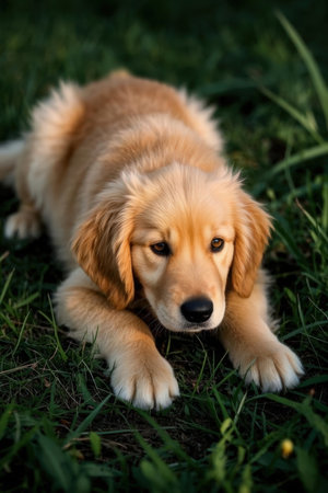Cute Golden Retriever Puppy Lying on the Grassの素材