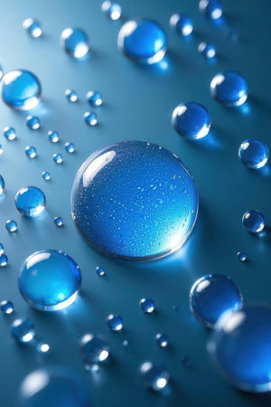 Water drops on blue background, closeup. Water drops on glass surfaceの素材
