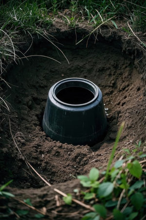 Black plastic sewer pipe with a hole in the ground in the grassの素材