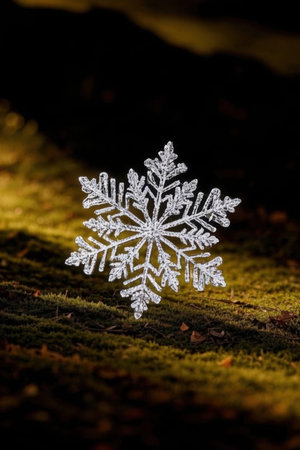 Snowflake on a green moss in the forest. Christmas decoration.の素材