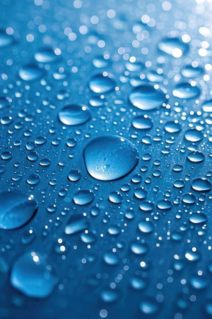 Water drops on blue background. Shallow depth of field. Selective focus.の素材