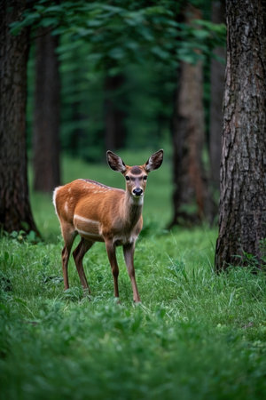Young whitetail deer in the forest. Selective focus.の素材