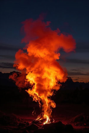 Fiery explosion in the night sky. Big fire in the night.の素材