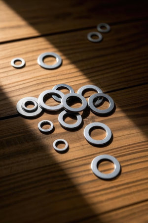 Metal rings on a wooden table. Shallow depth of field.の素材