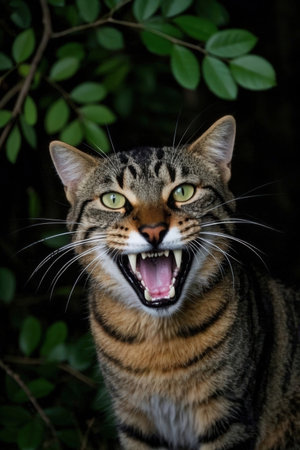 Portrait of a wild cat with open mouth and green eyes.の素材