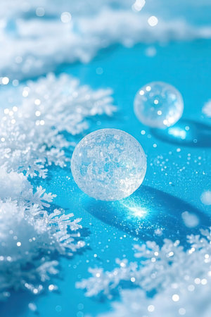 Christmas background with snowflakes and glass balls on a blue backgroundの素材