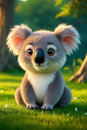 Cute koala sitting on green grass in the sunset light.の素材