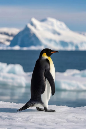 King penguin on the ice with iceberg in the background, Antarcticaの素材