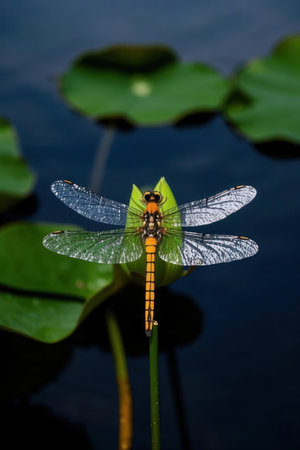 Dragonfly resting on a lily pad in a pond in Maryland during the Summerの素材