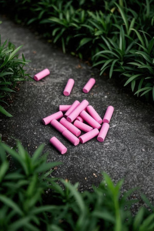 Colorful chalk on the ground in the garden, stock photoの素材