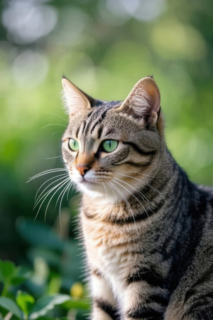 Portrait of a tabby cat with green eyes on a green backgroundの素材