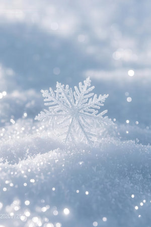 snowflake on the snow, close-up, winter backgroundの素材