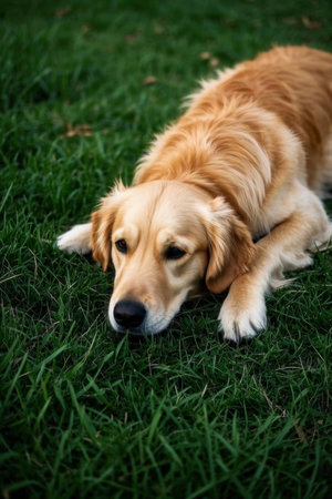 Golden Retriever lying on the green grass in the park.の素材