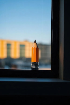Pencil with orange eraser on a window sill in the morningの素材