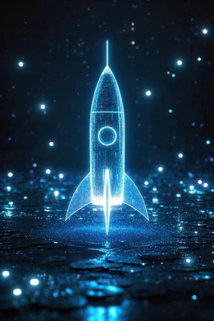 Rocket glowing hologram on black background. Startup concept. 3D Renderingの素材