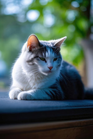 Beautiful cat lying on the table in the garden. Selective focus.の素材