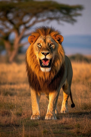 Lion walking in the savannah, Maasai Mara National Park, Kenya, Africaの素材