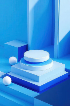 Abstract scene with blue podium and white balls. 3d render.の素材
