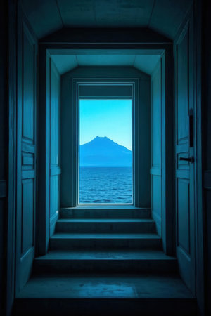 Mt. Fuji seen through the door of an old building.の素材