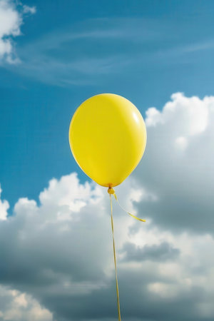 Yellow balloon on blue sky with clouds background. Copy space for text.の素材