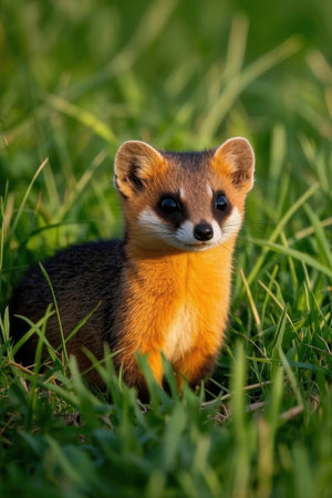 Close-up shot of a little orange weasel in the grassの素材