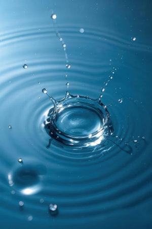 Water drop close-up with ripples and waves on blue backgroundの素材