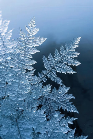 Frosty natural pattern on the window in winter, closeup of photoの素材