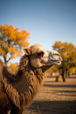 Bactrian camel in the autumn park. Selective focus.の素材