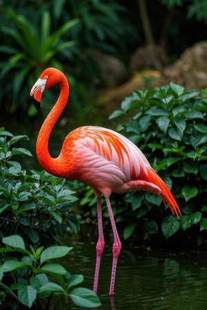 Pink flamingo in a pond. (Phoenicopterus ruber)の素材