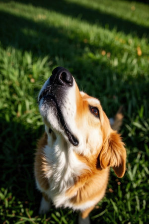 Portrait of a cute golden retriever dog lying on the grassの素材