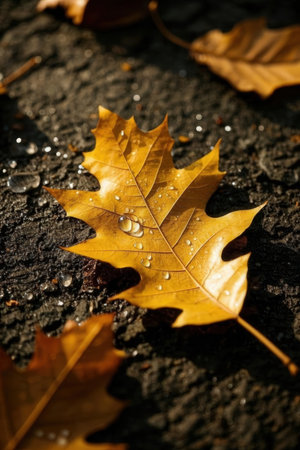 Yellow autumn oak leaf with water drops on asphalt. Autumn background.の素材