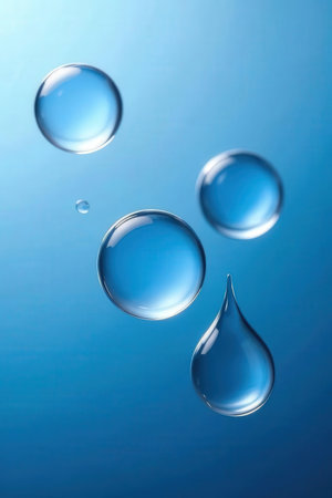 Water drops on a blue background. Shallow depth of field.の素材