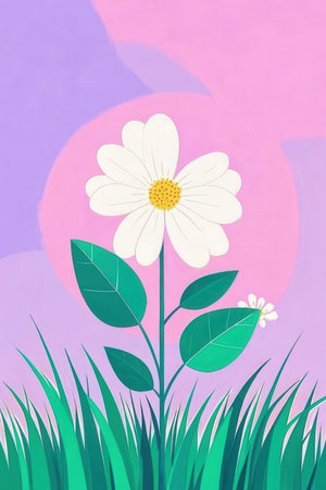 White daisy flower with green grass on pink background, vector illustrationの素材