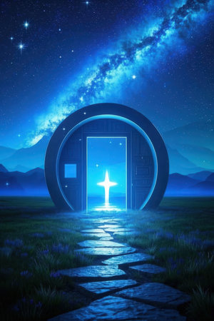 Open door in the night sky with stars and moon. 3d renderingの素材