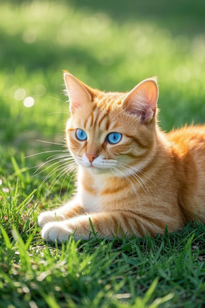 Cute ginger cat with blue eyes lying on the green grass.の素材