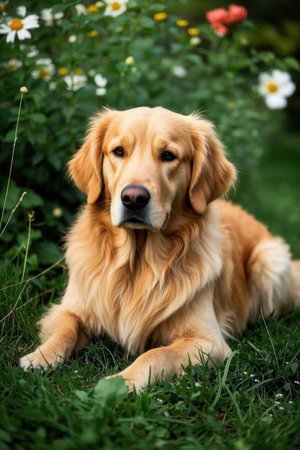 Golden Retriever lying on the grass in the garden with flowersの素材