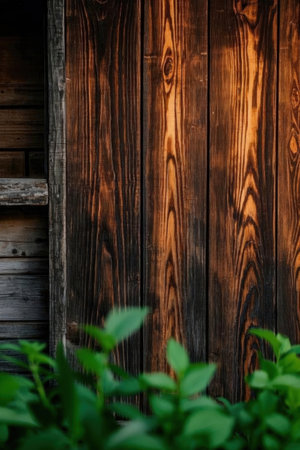 Old wooden wall and green plant. Natural background. Copy space.の素材