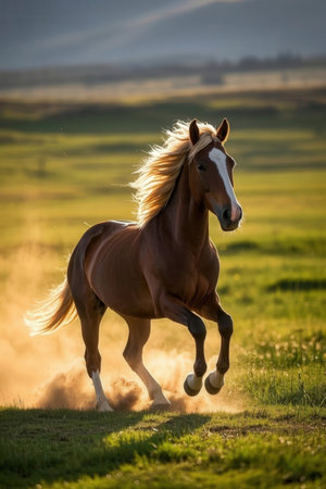 Beautiful palomino stallion running in the field at sunsetの素材