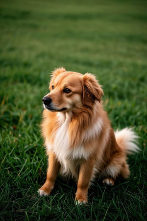Dog breed Golden Retriever sitting on the grass in the parkの素材